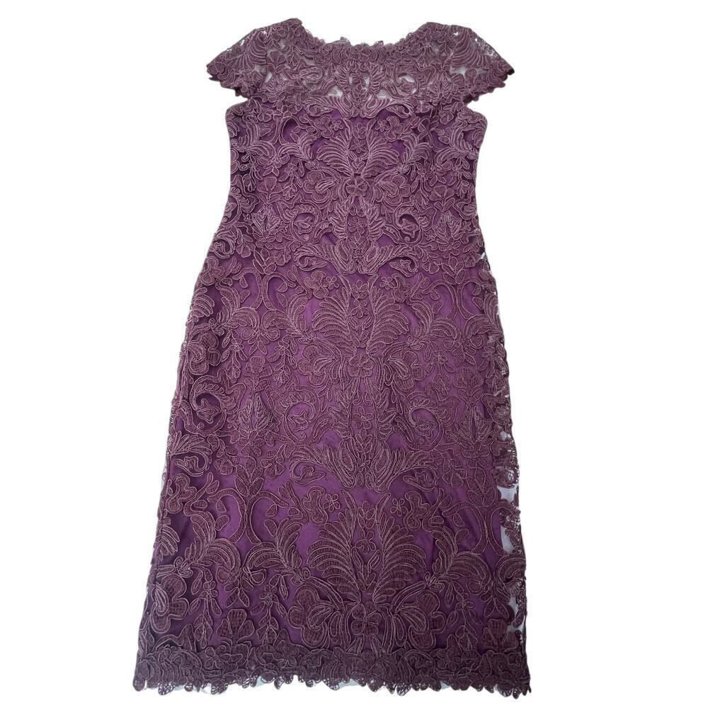 Tadashi Shoji Illusion Yoke Lace Sheath Dress Blackberry Burgundy - Size 12 - Picture 14 of 16